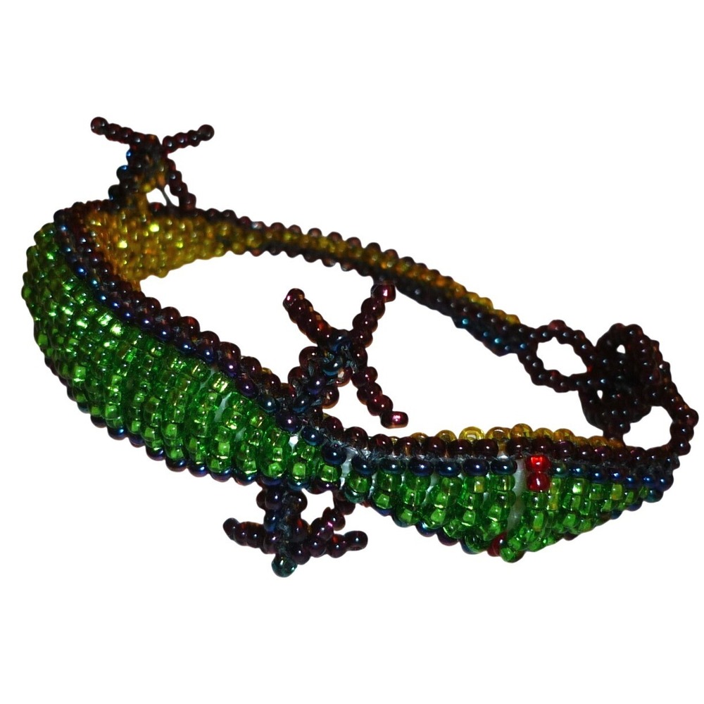 Handmade Beaded Lizard Bracelet Green Gecko Seed Bead Reptile Jewelry 7.5 Inch